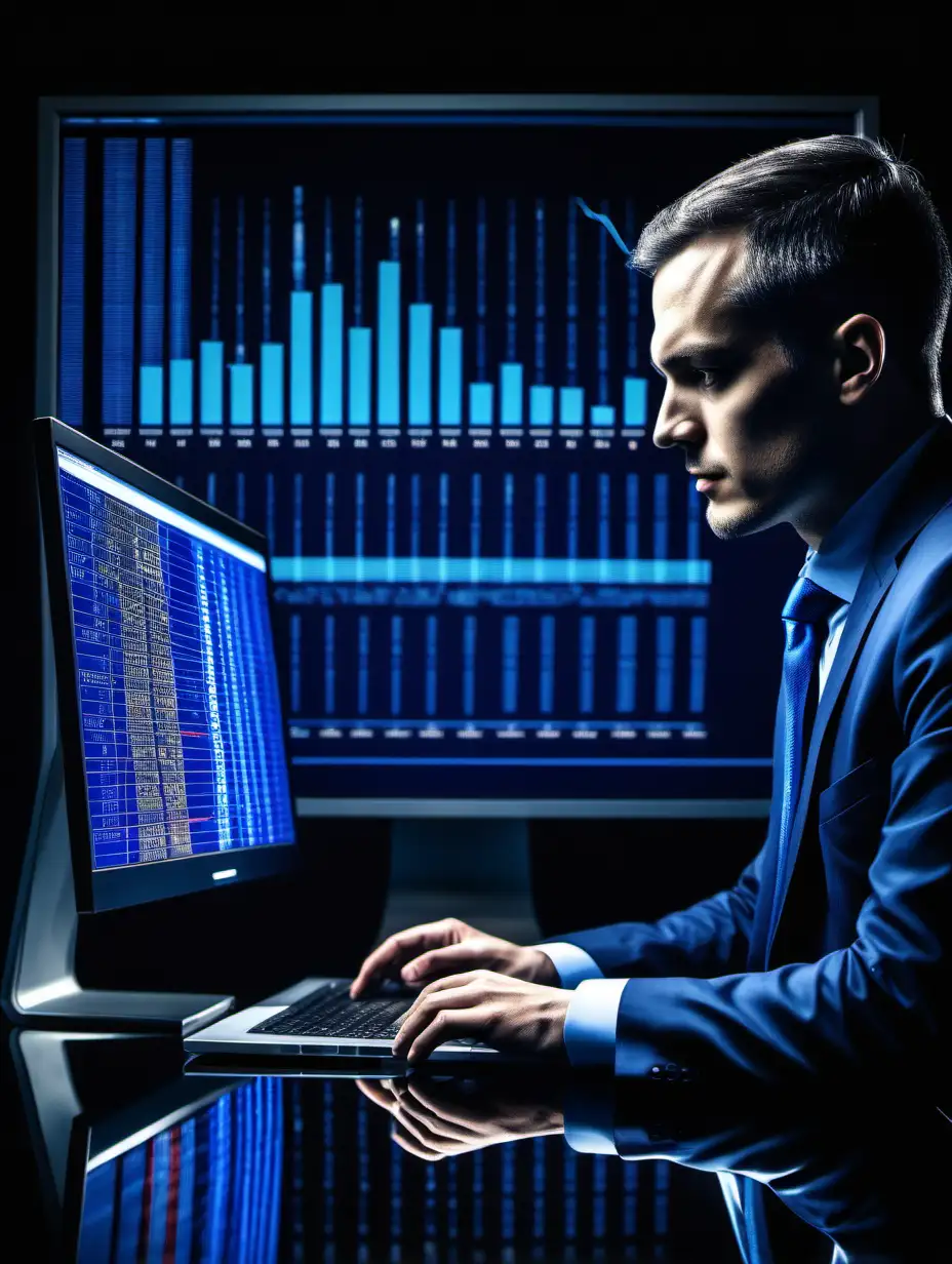 professional photo with reflection. dark blue theme. Show a man looking at a computer analysing timeserie data, customer data, systemdata and transactions