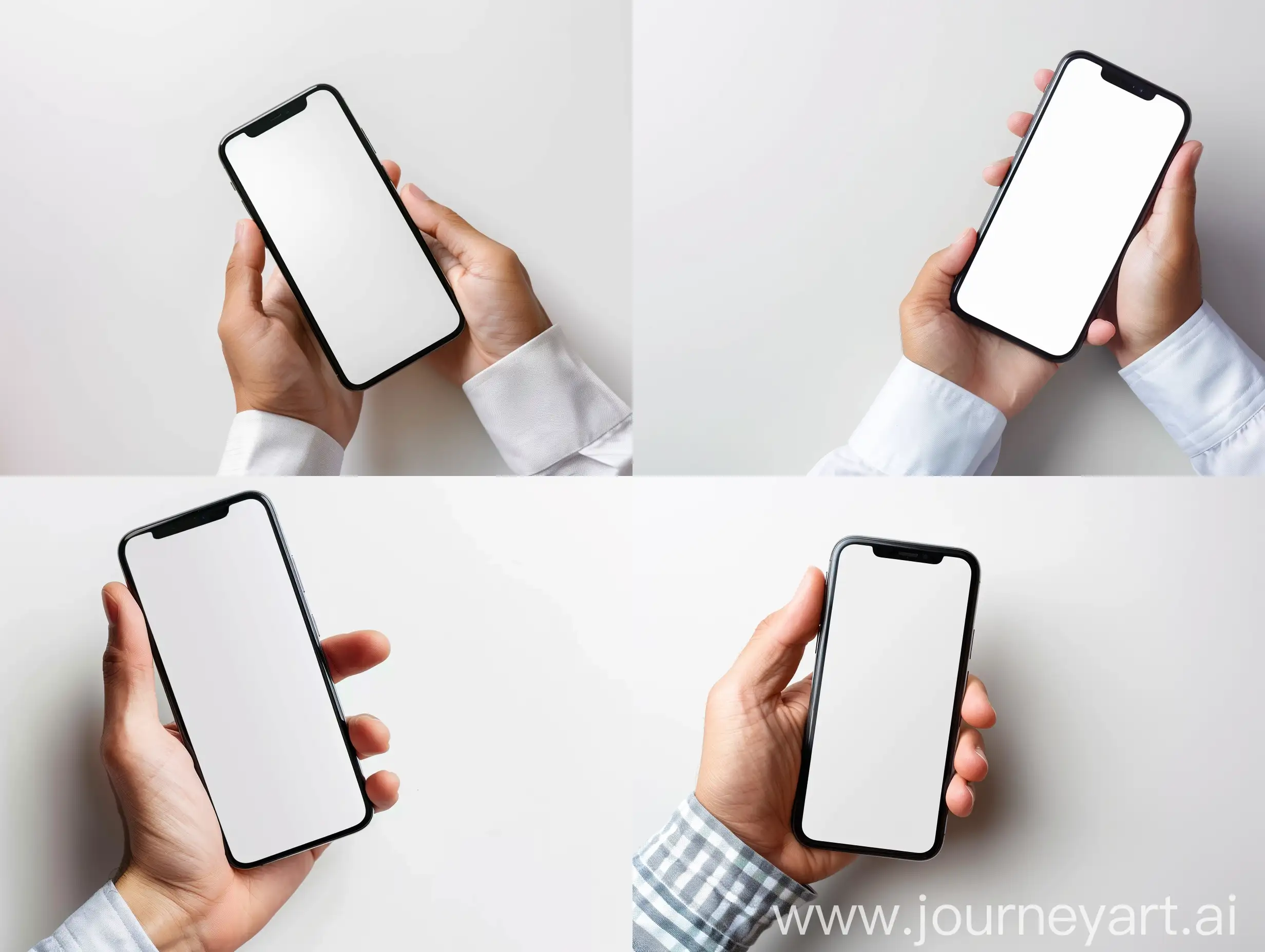 Man holding smartphone with blank screen on white background, closeup of hand. Space for text 