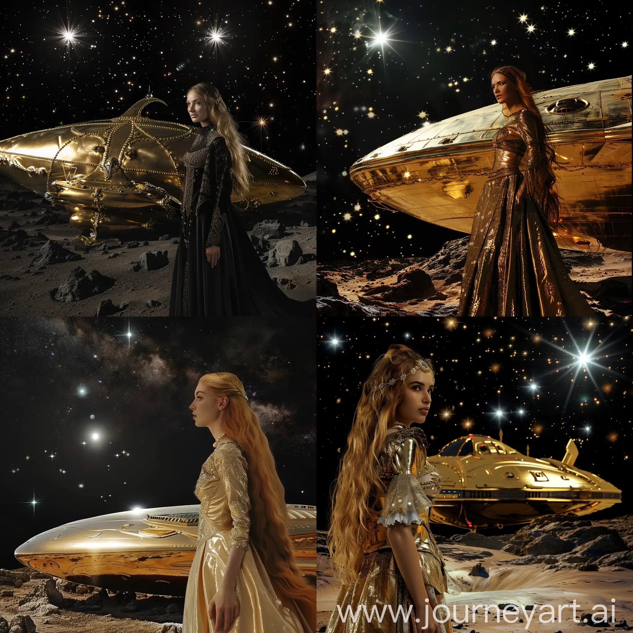 A beautiful medieval sci fi woman Infront of a pearlescent gold spaceship on an alien planet. The sky is black with bright stars