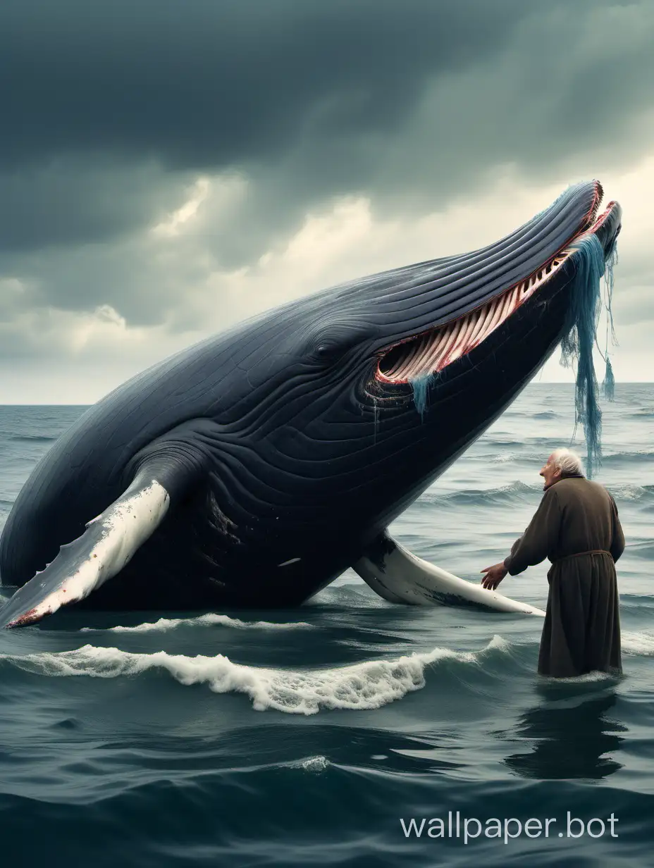 A giant whale  swallows  a lone elderly frail peasant male wearing rags on the ocean