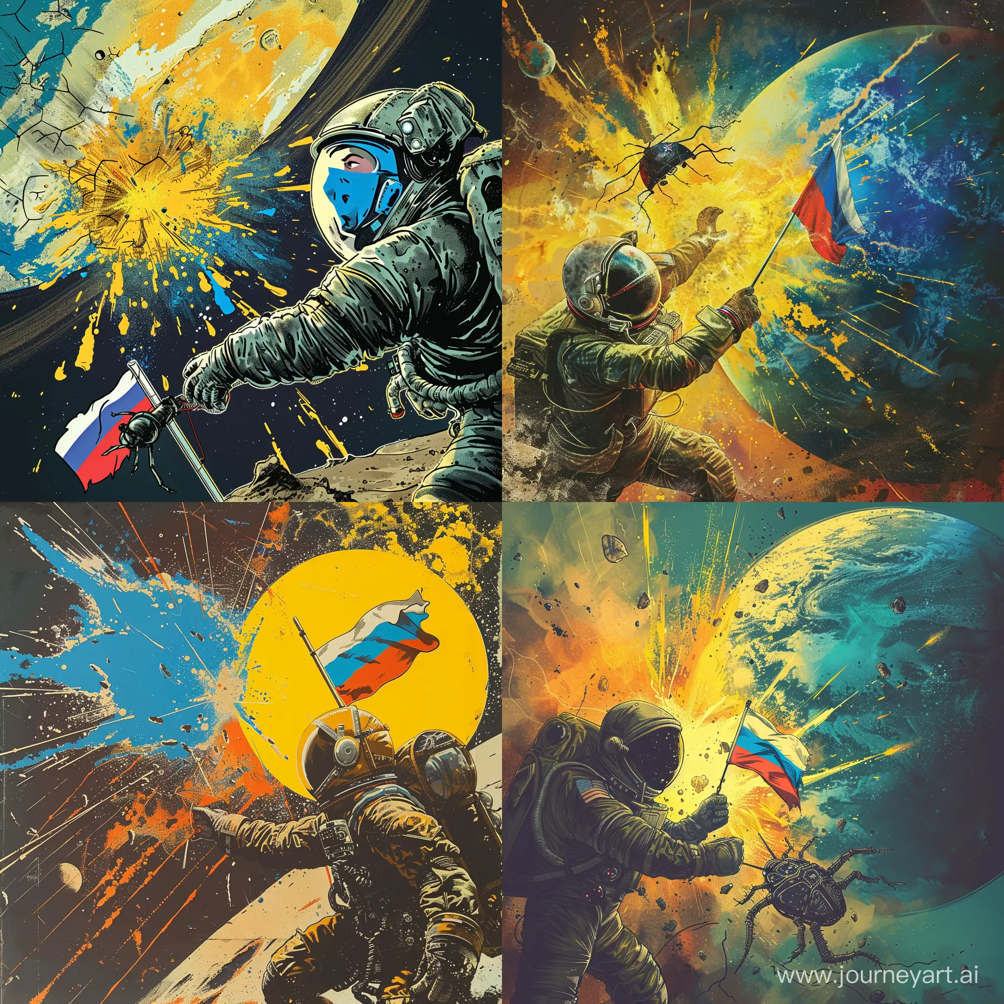 a man in a space suit and an anonymous mask sticks the Russian flag into a space bug, a planet explodes in the background from above yellow, and from below blue