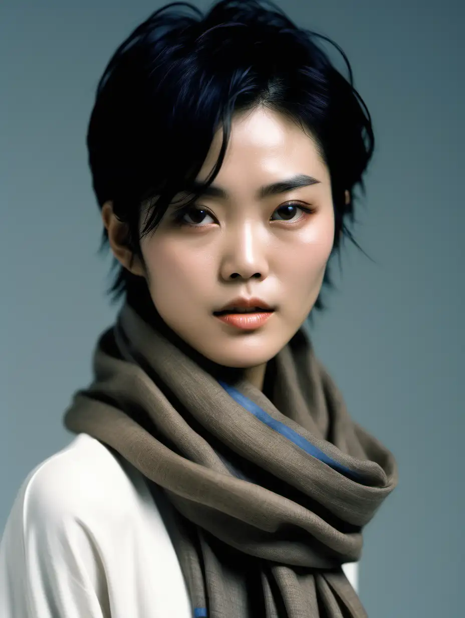 women with scarf around neck, her face  is similar to Faye Wong who is a Chinese singer at 1990 era 