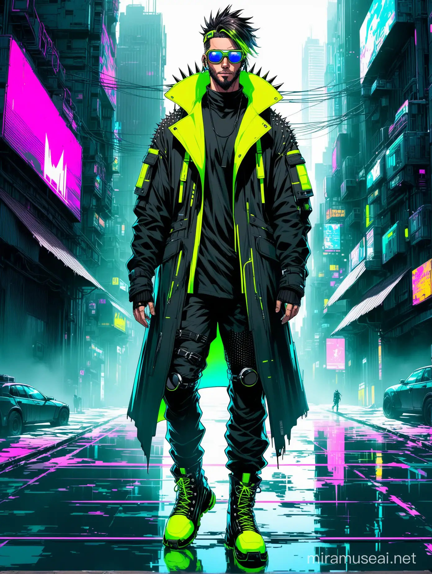 tall athletic muscular masculine post-apocalyptic cyberpunk nomad, dyed spiky undercut, hi-tech sunglasses goggles visor, futuristic oversized loose techwear overcoat, black-fluorescent colors contrast, streetwear futuristic high-top sneaker boots, slow walk toward camera, dystopian synthwave downtown, videogame anime render character painting splash