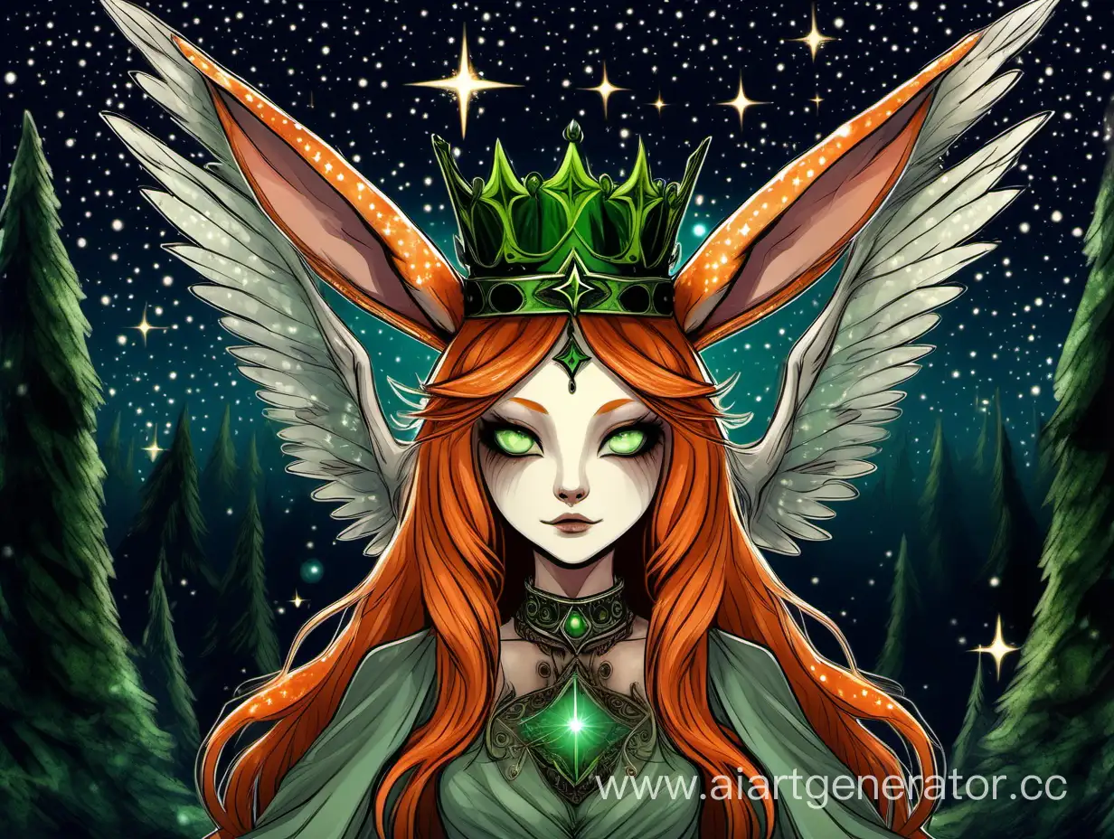 Рыжая зайчиха с зелеными глазами  с демоническими крыльями в королевской короне. В ее лбу торчит шестиконечная звезда. Вокруг нее темный лес со звездным небом.