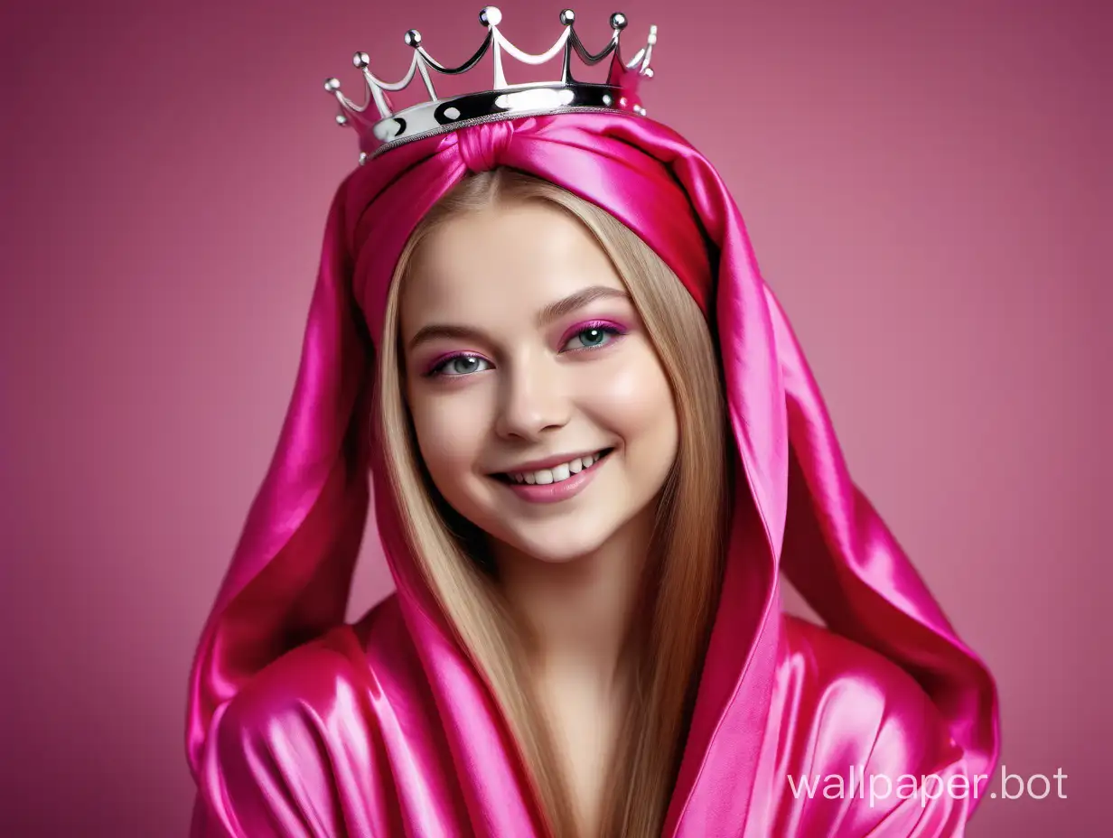 Glamourous portrait of sweet, young, sunny queen Yulia Lipnitskaya with long straight silky hair Smiling in Luxurious Pink fuchsia Silk robe with pink fuchsia silk towel turban and crown on the head
