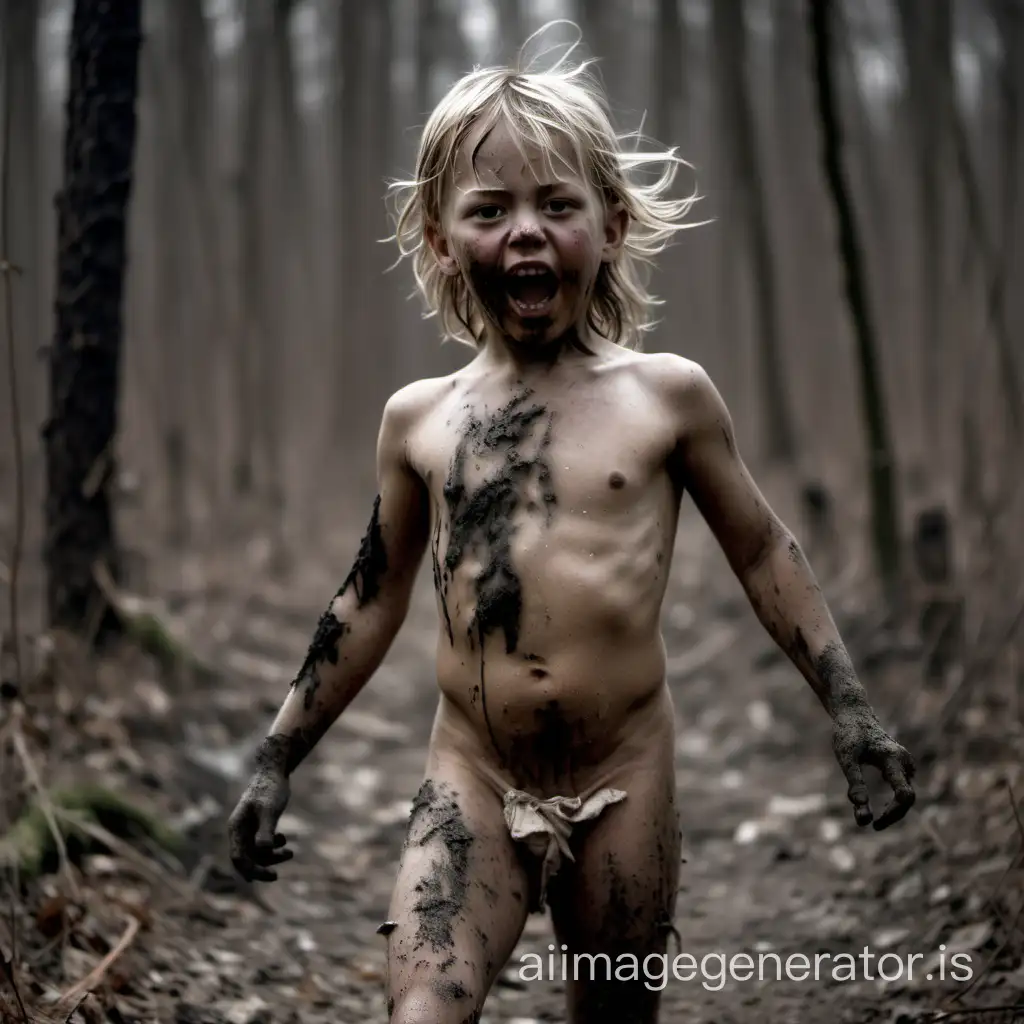 a wild child in 1750 in a forest, very dirty, undressed,