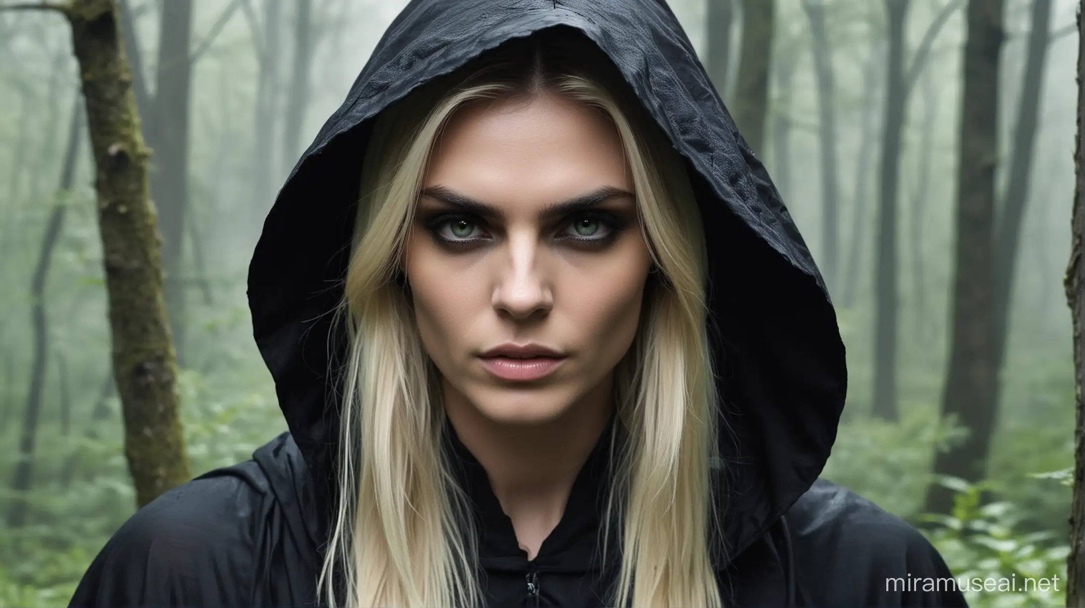 Stunningly beautiful young man Andrej pejic with black kohl liner around misty green eyes, wearing a black cloak and about to cast a spell in a forest