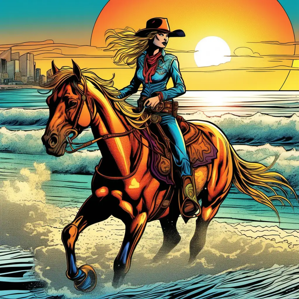 Comic book illustration, vivid colors, detailed, futuristic female cowboy , a horse is trotting by the sea, sunrise 