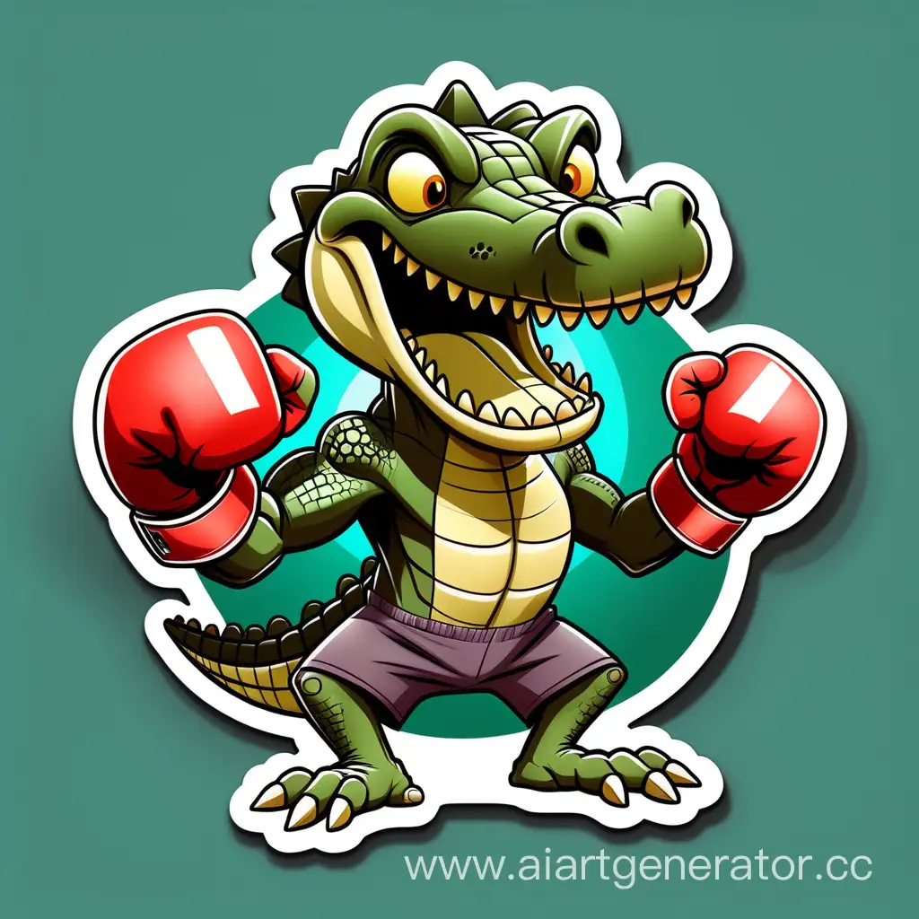 Create a unique sticker design featuring a happy hero animal crocodile boxing with an incredible style