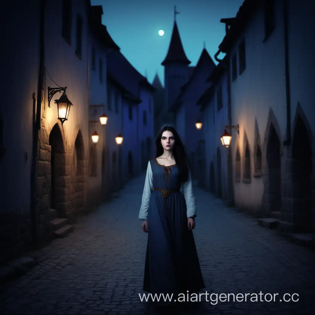 Темноволосая девушка идет в сумерках по средневековому городу