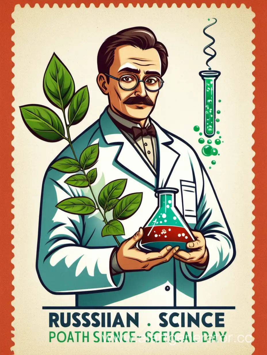 Russian-Science-Day-Celebration-Scientist-with-Flask-and-Plant-on-Postcard