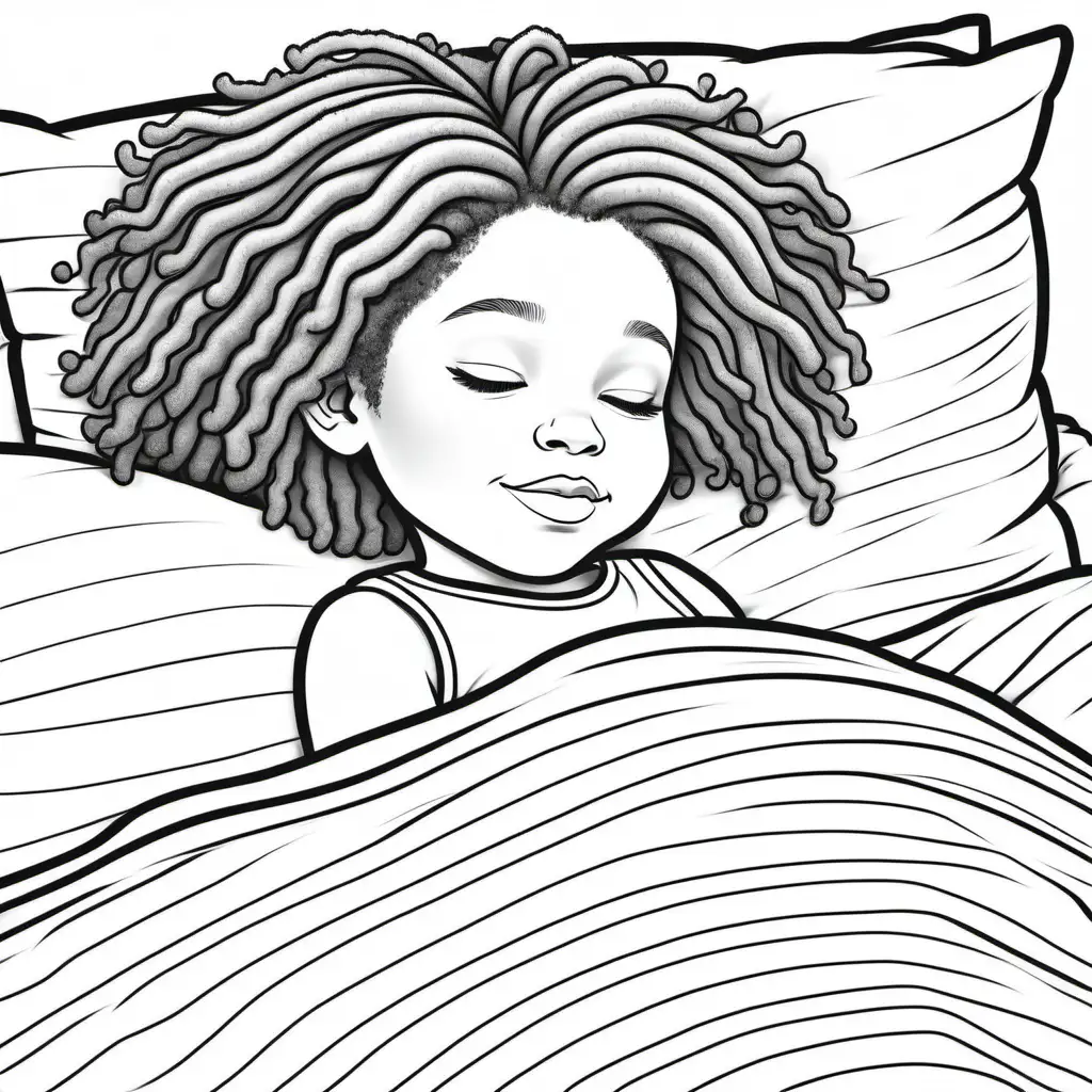 kids colouring page, simple lines, 6 year old girl, laying in bed asleep, african-american, kinky hair