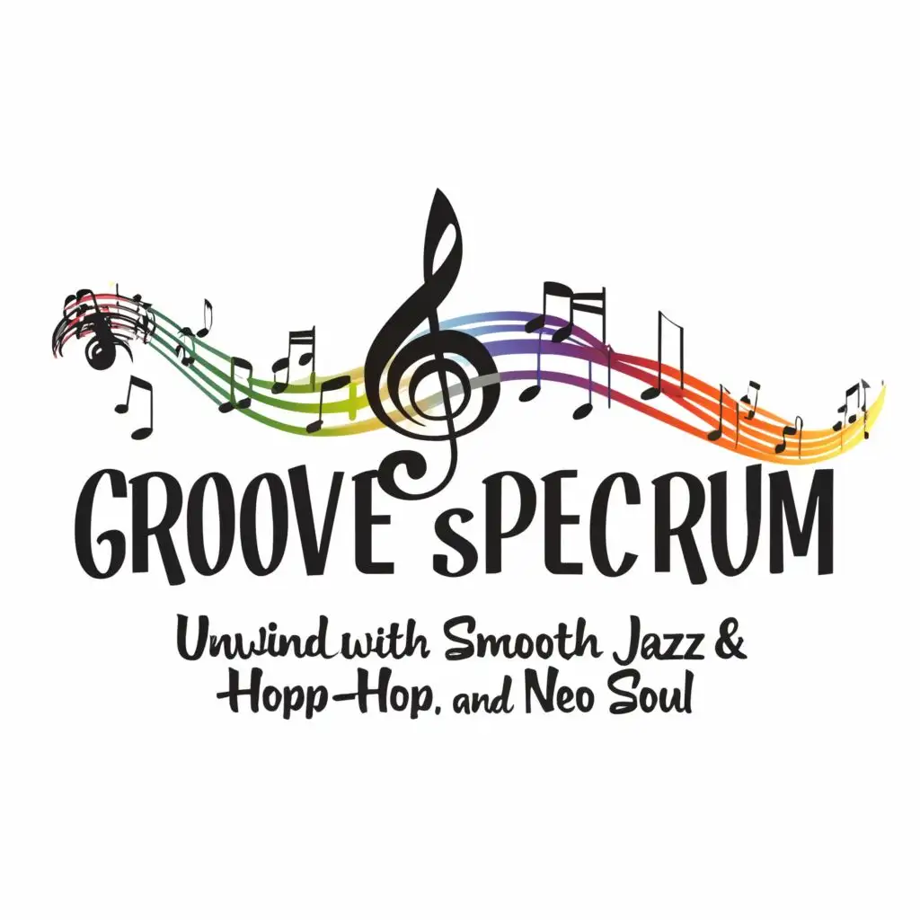 logo, Musical Note, with the text "Groove Spectrum: Unwind with Smooth Jazz, R&B, Hip-Hop, and Neo Soul", typography