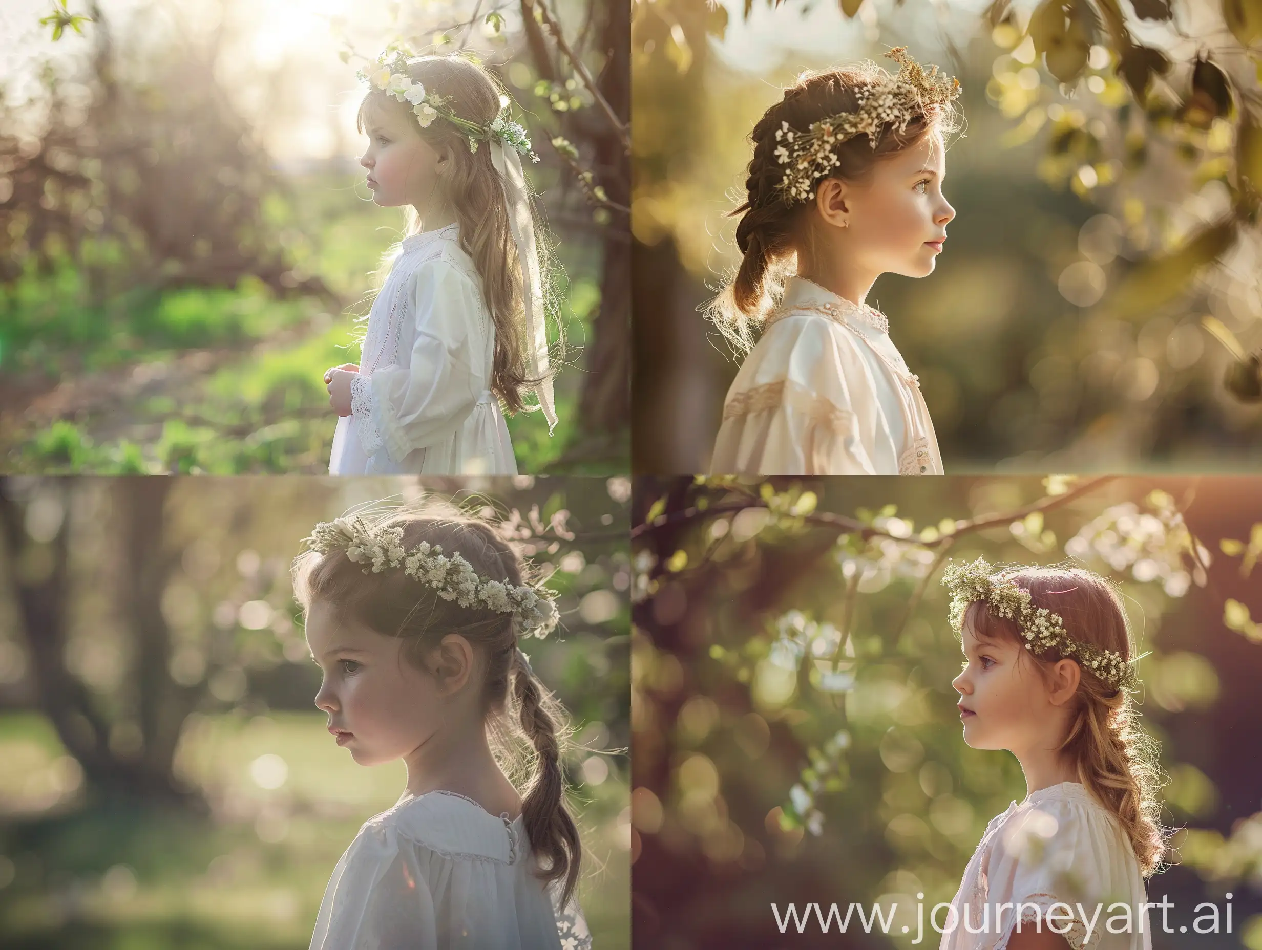 create a photo of a child, first communion, dressed in an alb, a girl standing in the distance, in a park, a natural photo, a wreath on the head, spring, pastel, delicate colors, girl in front profile,