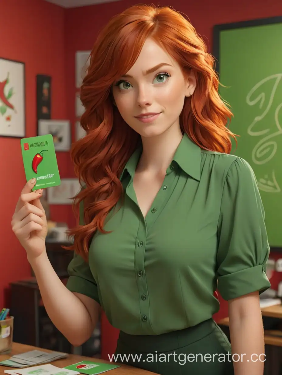Общий план широкоугольный обьектив, в комнате с красным фоном стоит девушка с рыжими волосами и в зеленой блузке, протягивает к камере визитку на которой нарисован скетч перец чили 