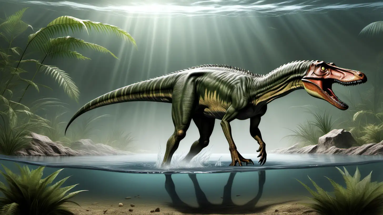 imagine a detailed drawing of Baryonyx feeding in shallow watery environment, cretaceous period