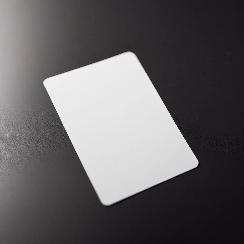 blank white plastic card laying flat in vertical orientation on a retail business counter top