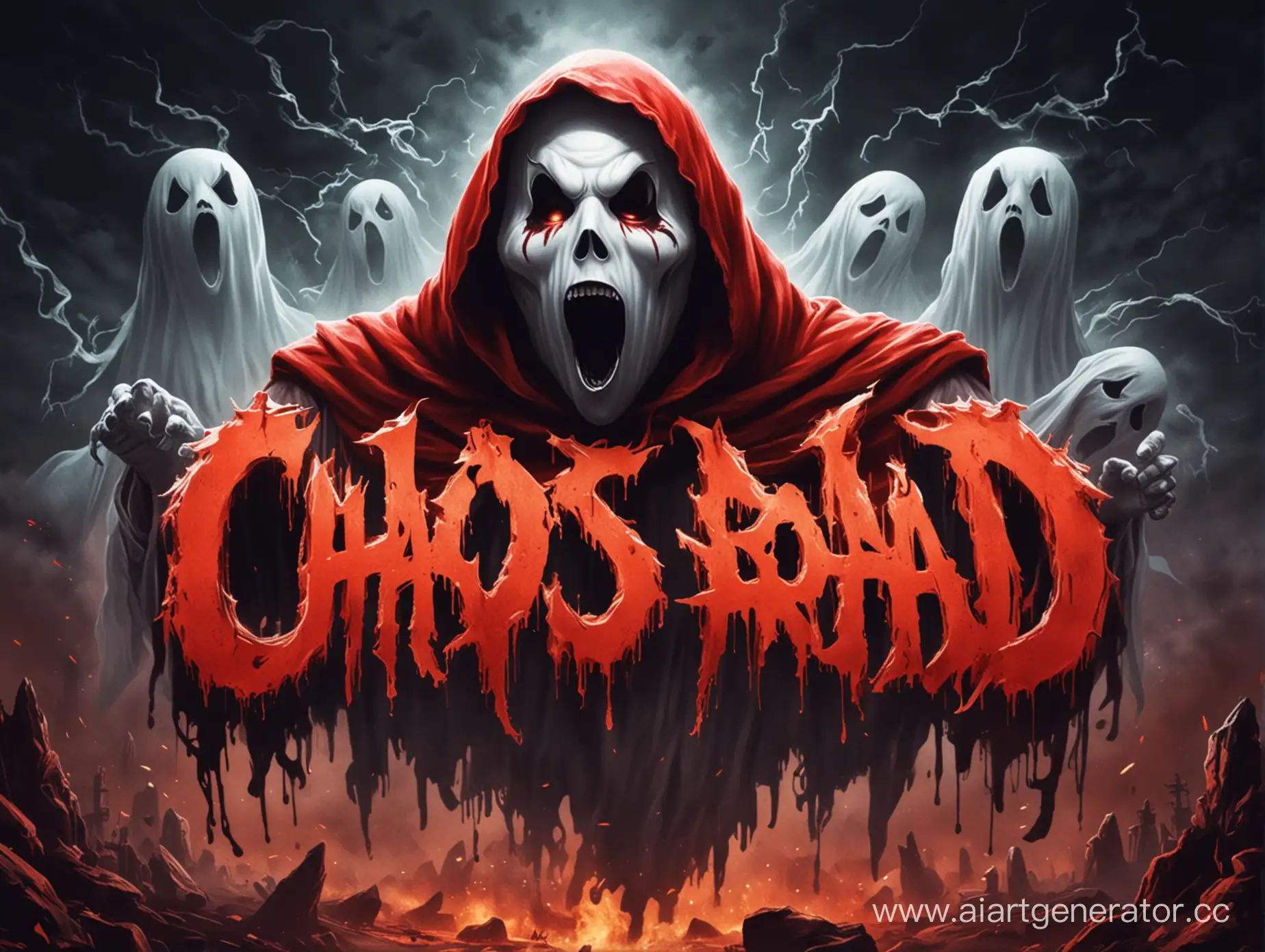 Красный логотип с привидением на котором маска крик, текст CHAOS SQUAD