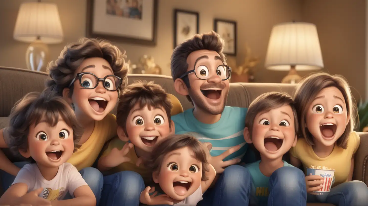 Zoom in on the expressions of joy and excitement as the family watches their favorite show or movie together, completely immersed in the shared experience.