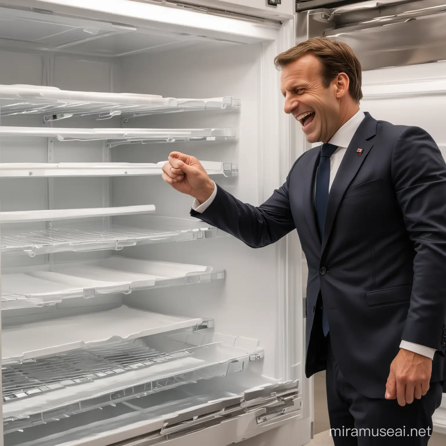 président Macron mort de rire devant un frigo vide ouvert 
 photo réalise 