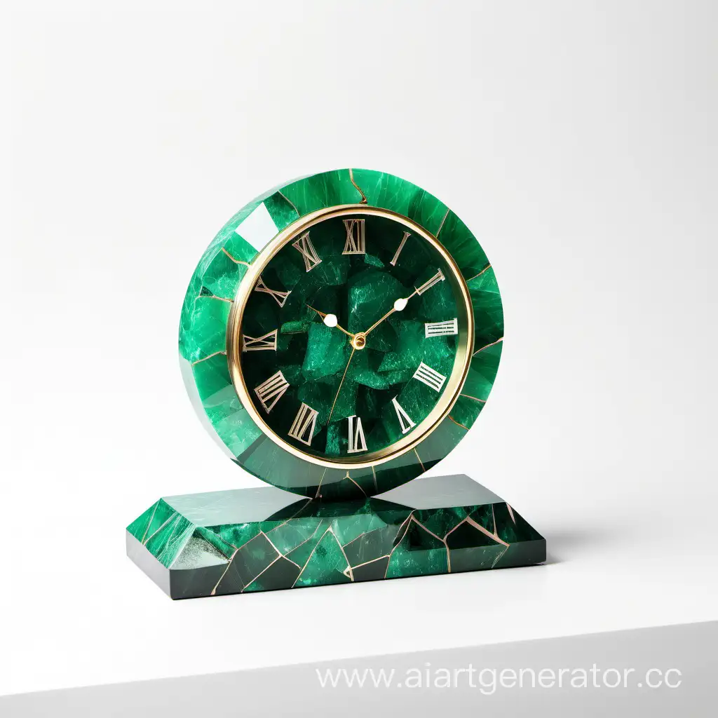 Interior item on a white background, table clock, made of emerald stone, emerald color, realistic photo