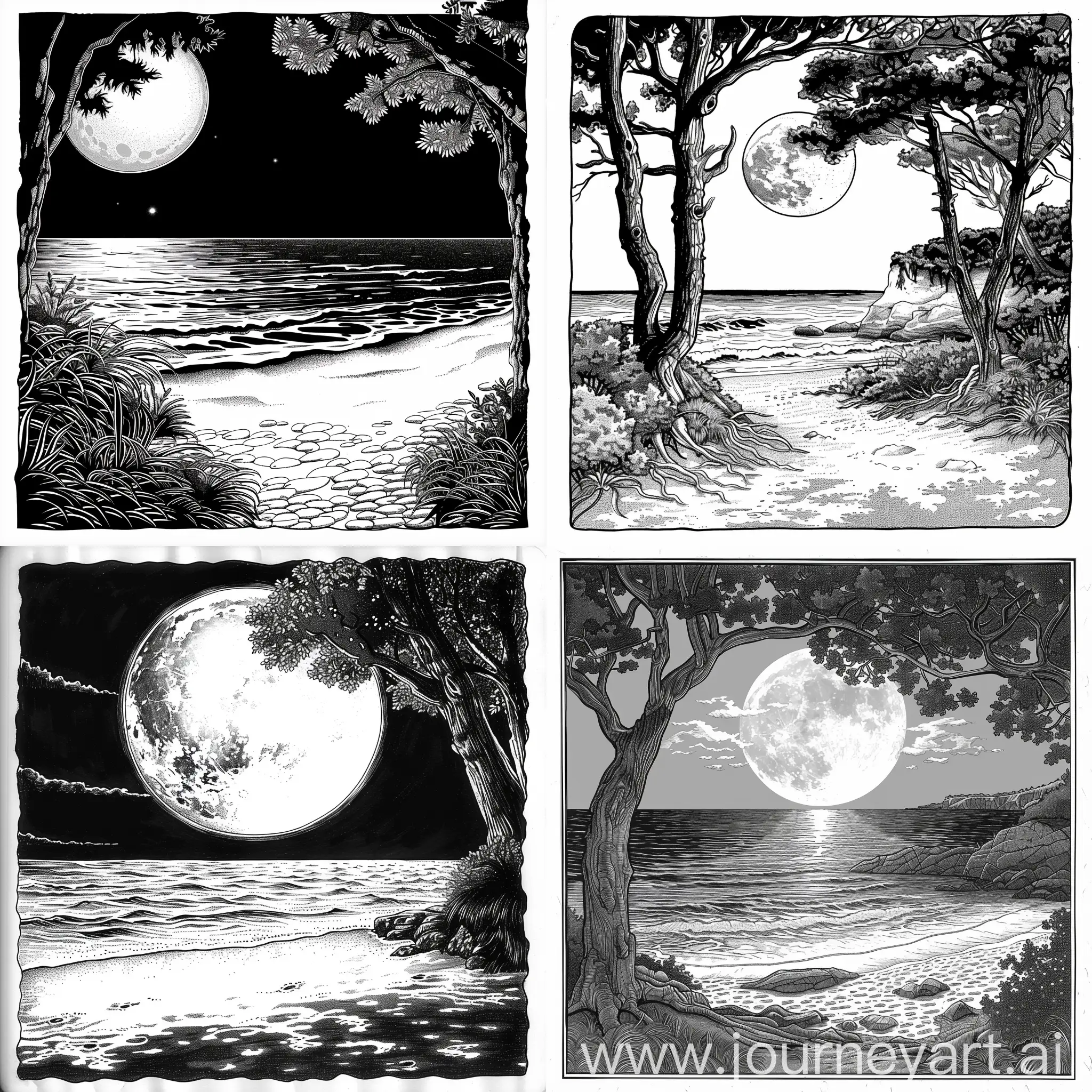 coloring book page, Colonial-Era The full moon illuminates the beach, casting long shadows and making the ocean shimmer in silver light, Black and white, white background