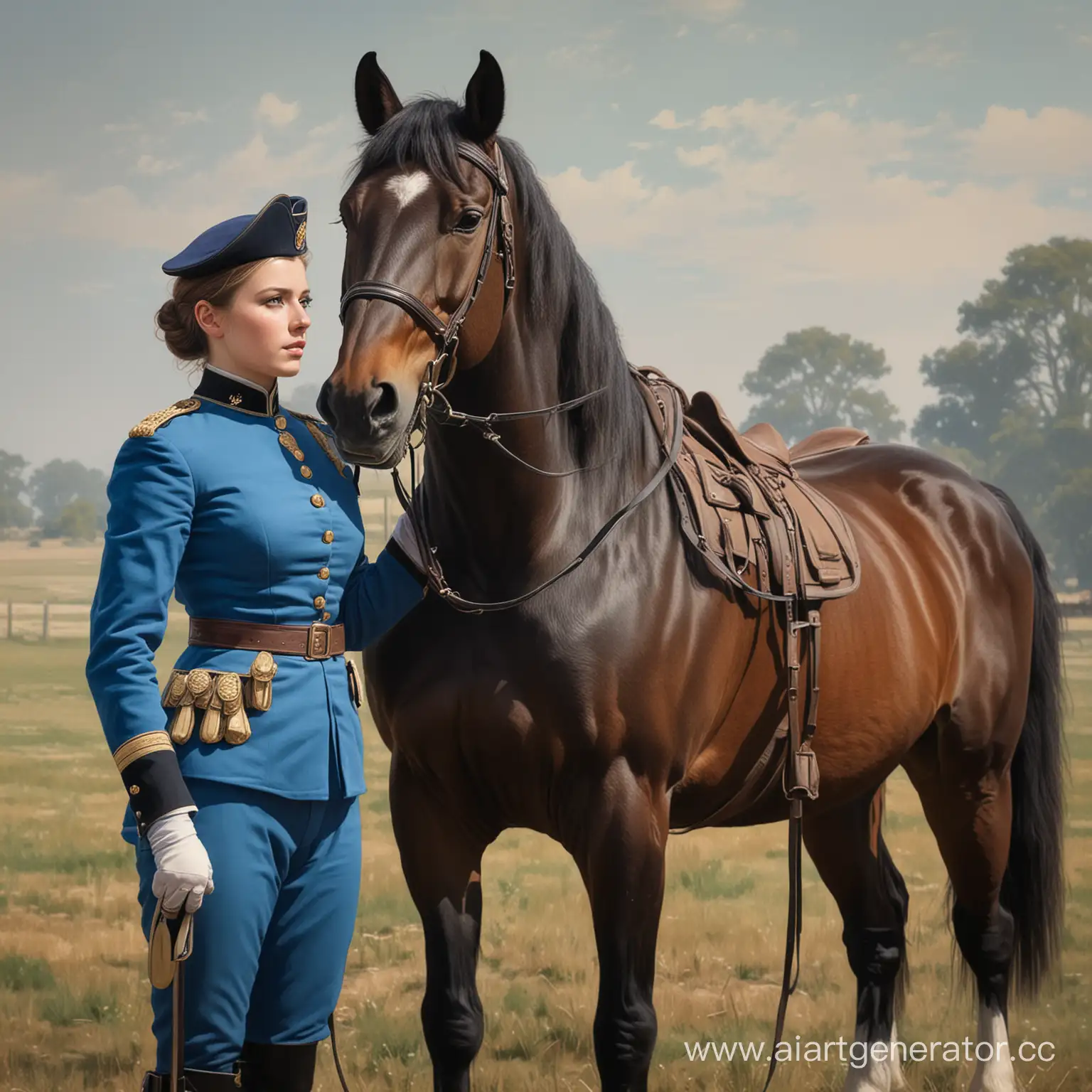 Нарисуй мне девушку кавалериста в синей форме 1899 года которая стоит рядом с лошадью