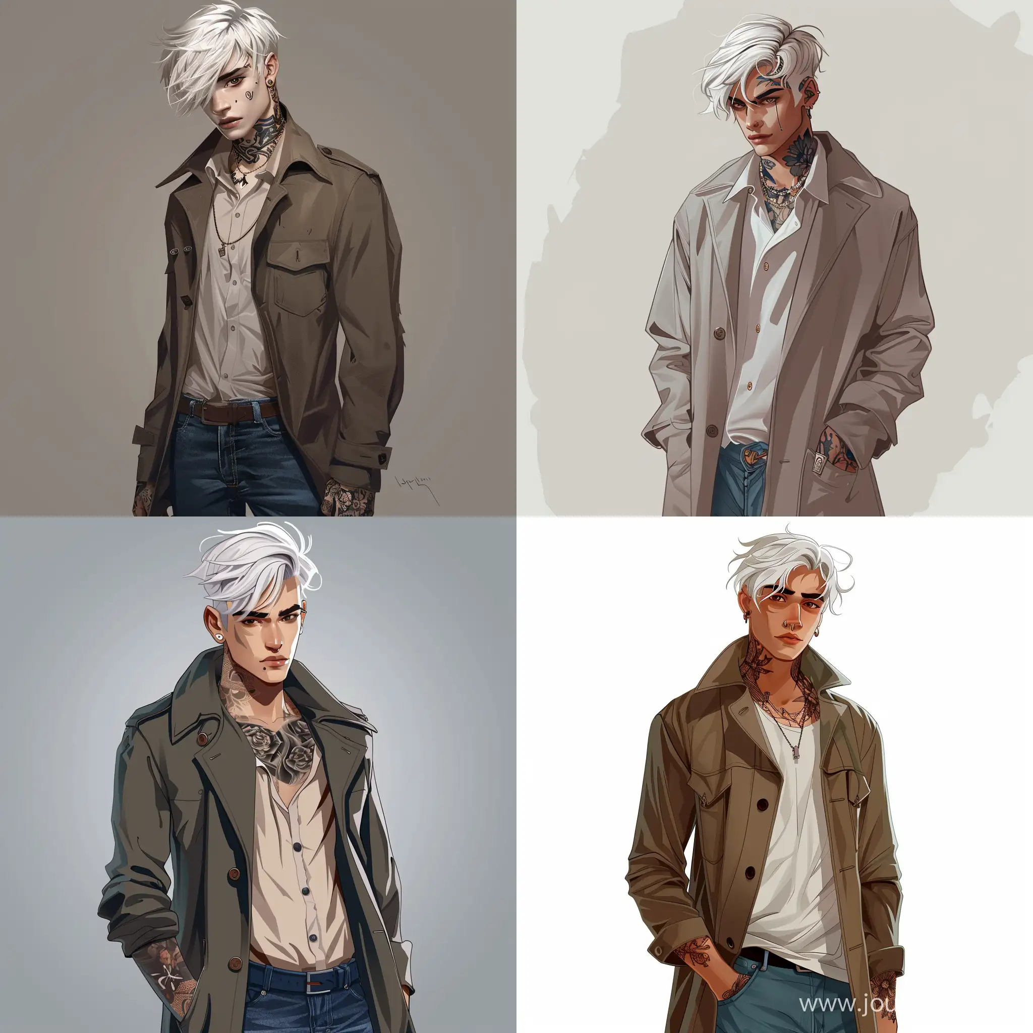 Handsome guy, white hair, dark brown eyes, white skin, young, teenager, 19 years old, neck tattoos, wearing a coat shirt and jeans, high quality, high detail, cartoon art