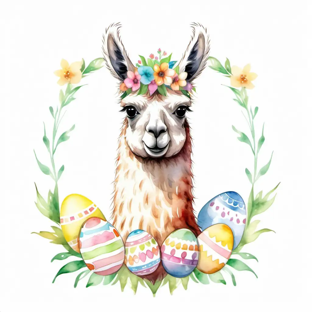 watercolor style, an easter llama on a white background.
