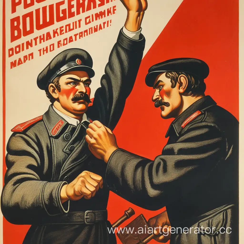 Рабочий из Пролетариата бьёт рукой Буржуя Плакат СССР