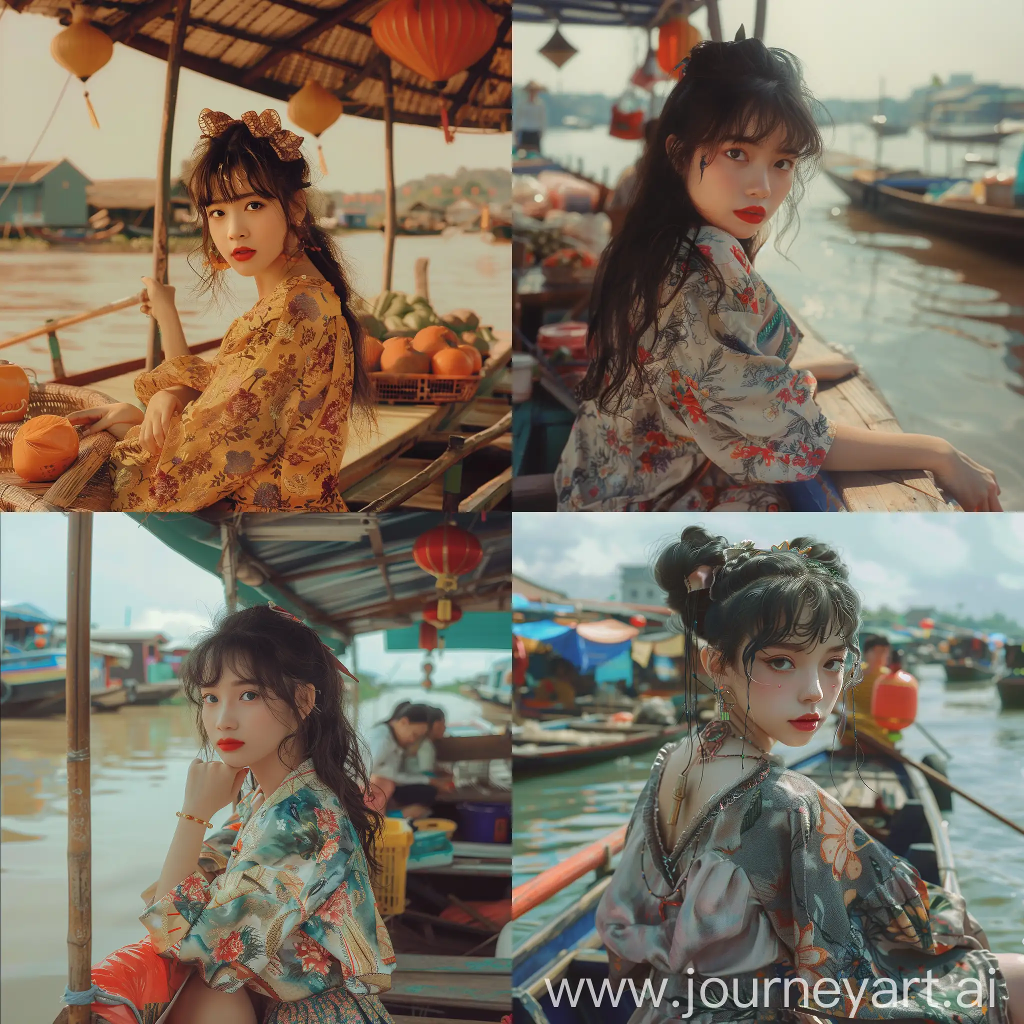 “Create a girl with the Asian style of the 90s on a boat at the Cai Rang floating market, the background is the scene of an early morning market session on the river.”