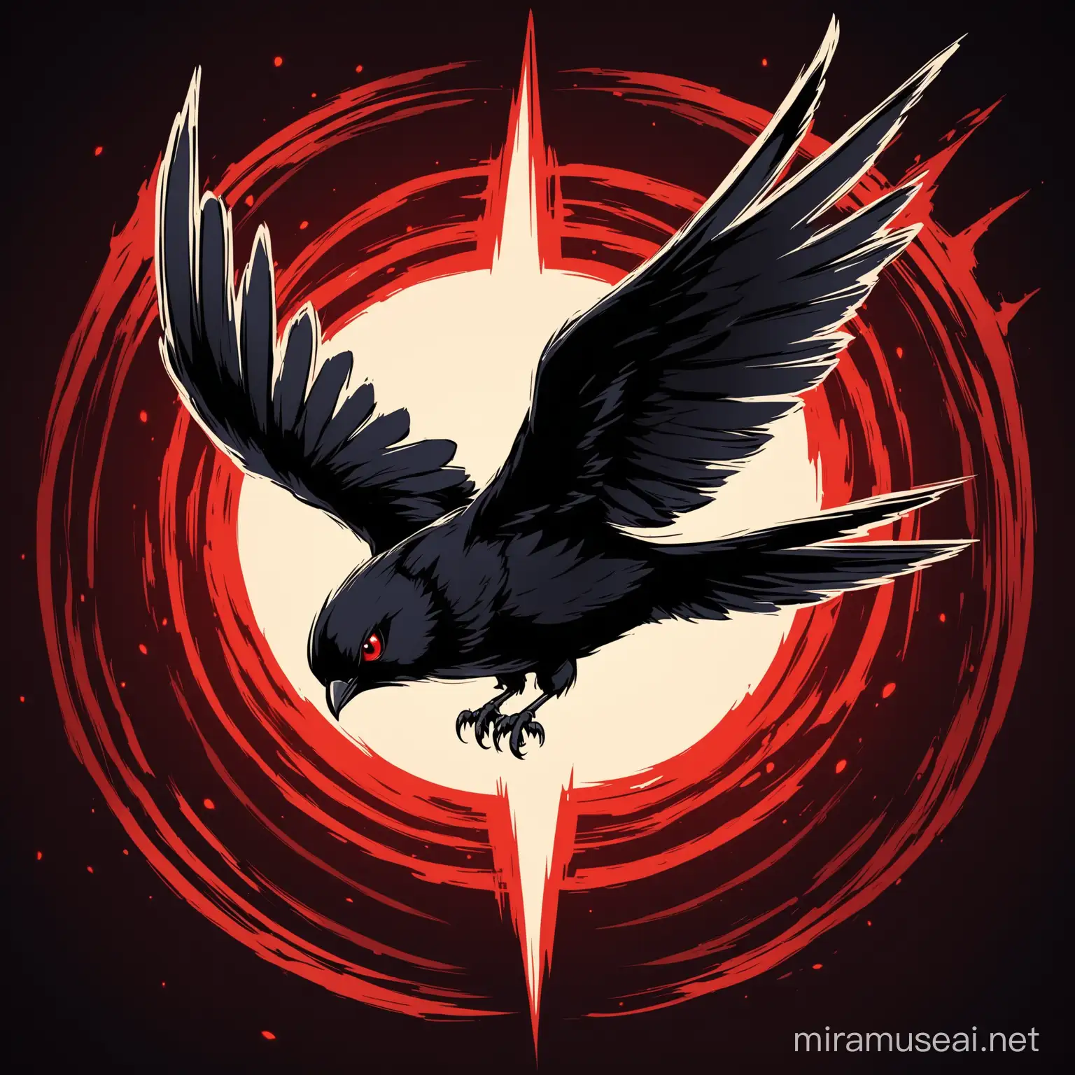 Anime Logo of a fantasy black swallow flying up (bird) with red eyes with power of darkness
