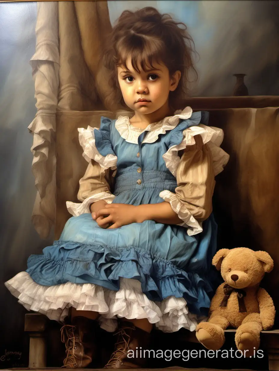 painting OIL PAINTINGflawless old fashioned toddler hair in messy bun ruffles frilly dress brown and beige lacy sitting down brown boots an old raggedy teddy sitting beside her bunch of dewdrops bg misyed hues of blues and browns. oil painting by James Gurney