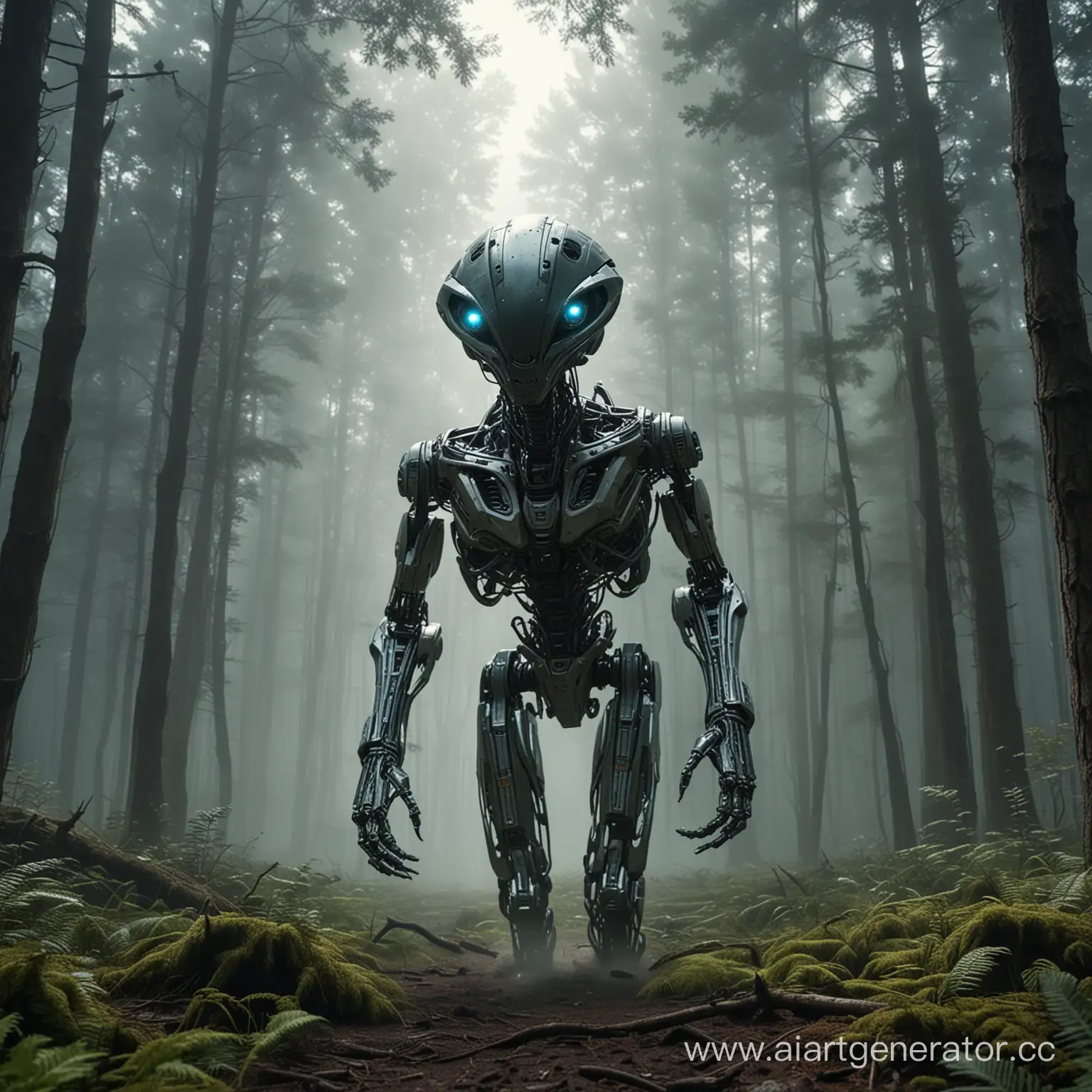 Alien-Robot-Emerging-from-UFO-in-Forest-Clearing