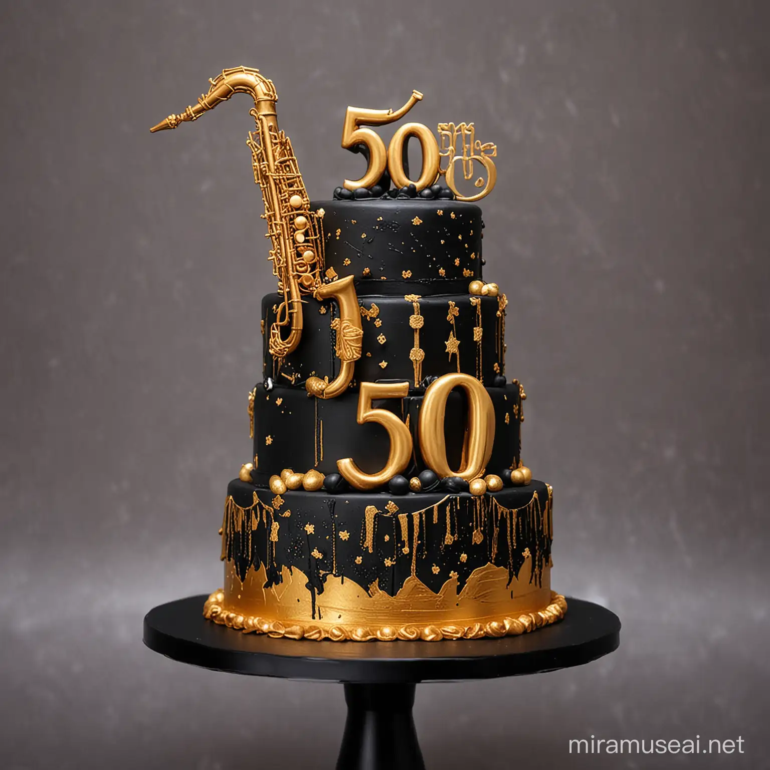 3 tiers black and gold 50th birthday cake with golden saxophone on topper