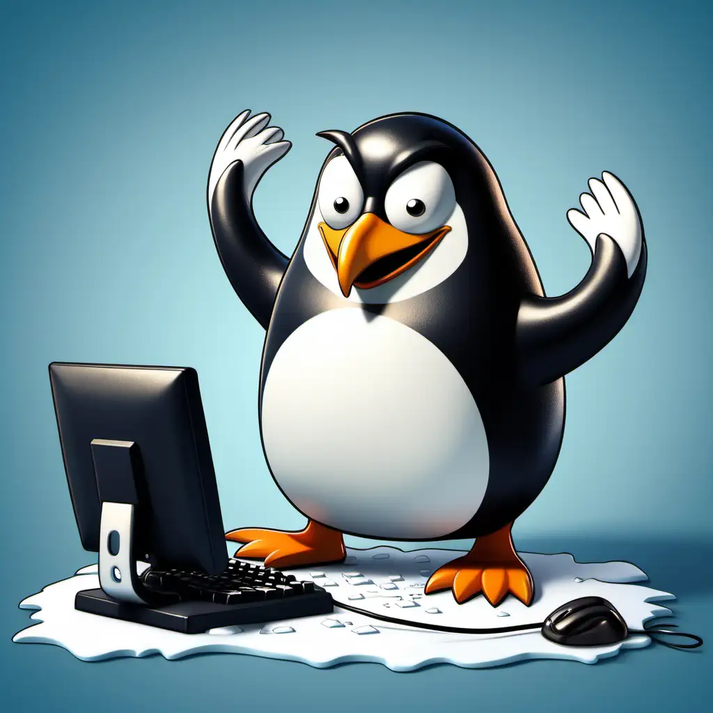 Cartoon penguin slamming his computer keyboard. Background setting office