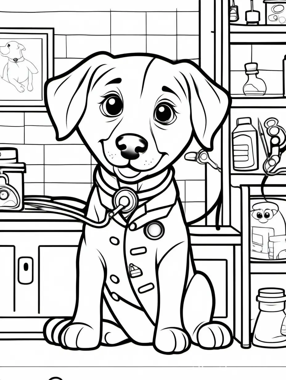 PUPPY doctor in a clinic. WHITE BACKGROUND, Coloring Page, black and white, line art, white background, Simplicity, Ample White Space. The background of the coloring page is plain white to make it easy for young children to color within the lines. The outlines of all the subjects are easy to distinguish, making it simple for kids to color without too much difficulty