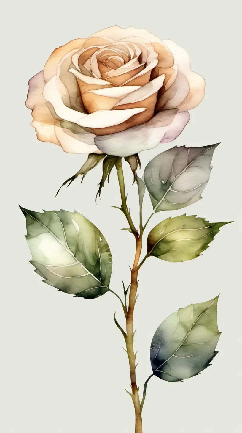 Neutral Watercolor clipart of a long stem rose in bloom