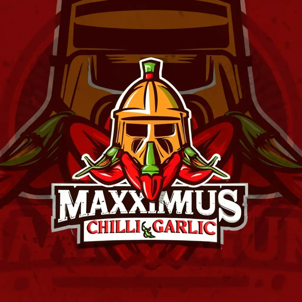 a logo design,with the text "Maximus Chili Garlic", main symbol:Gladiator helmet, chili,Moderate,clear background