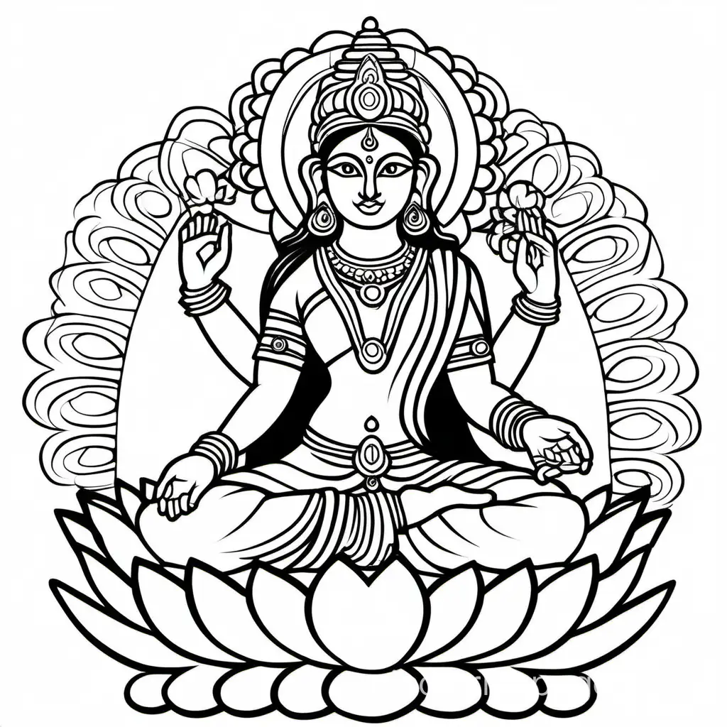 Lakshmi, Coloring Page, black and white, line art, white background, Simplicity, Ample White Space. The background of the coloring page is plain white to make it easy for young children to color within the lines. The outlines of all the subjects are easy to distinguish, making it simple for kids to color without too much difficulty