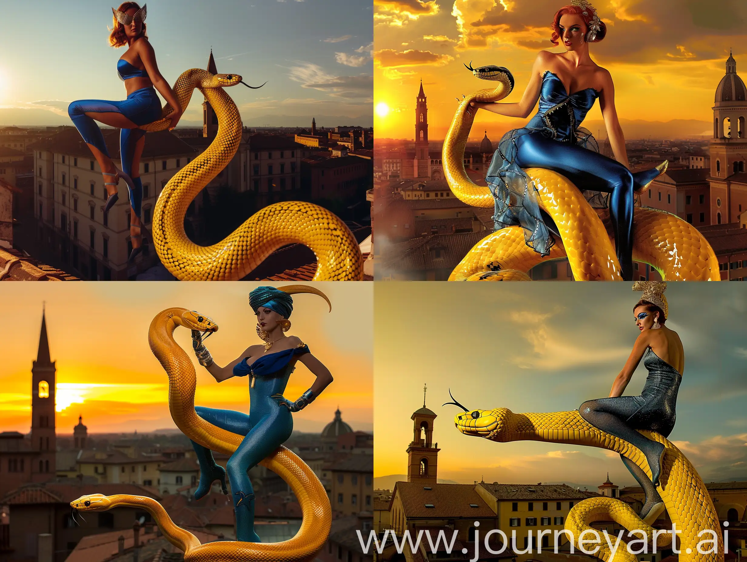Glamorous-DJ-Miss-Monique-in-Tight-Blue-Dress-Riding-a-Yellow-Snake-at-Sunset-in-the-Art-Deco-City-of-Bologna