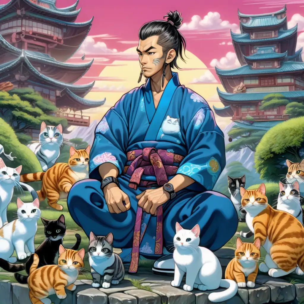 hyper masculine kung fu master wearing patchwork noragi with messy slick back hair and surrounded by adorable cats by studio ghibli, vivid cyberpunk landscape , high definition, 4k