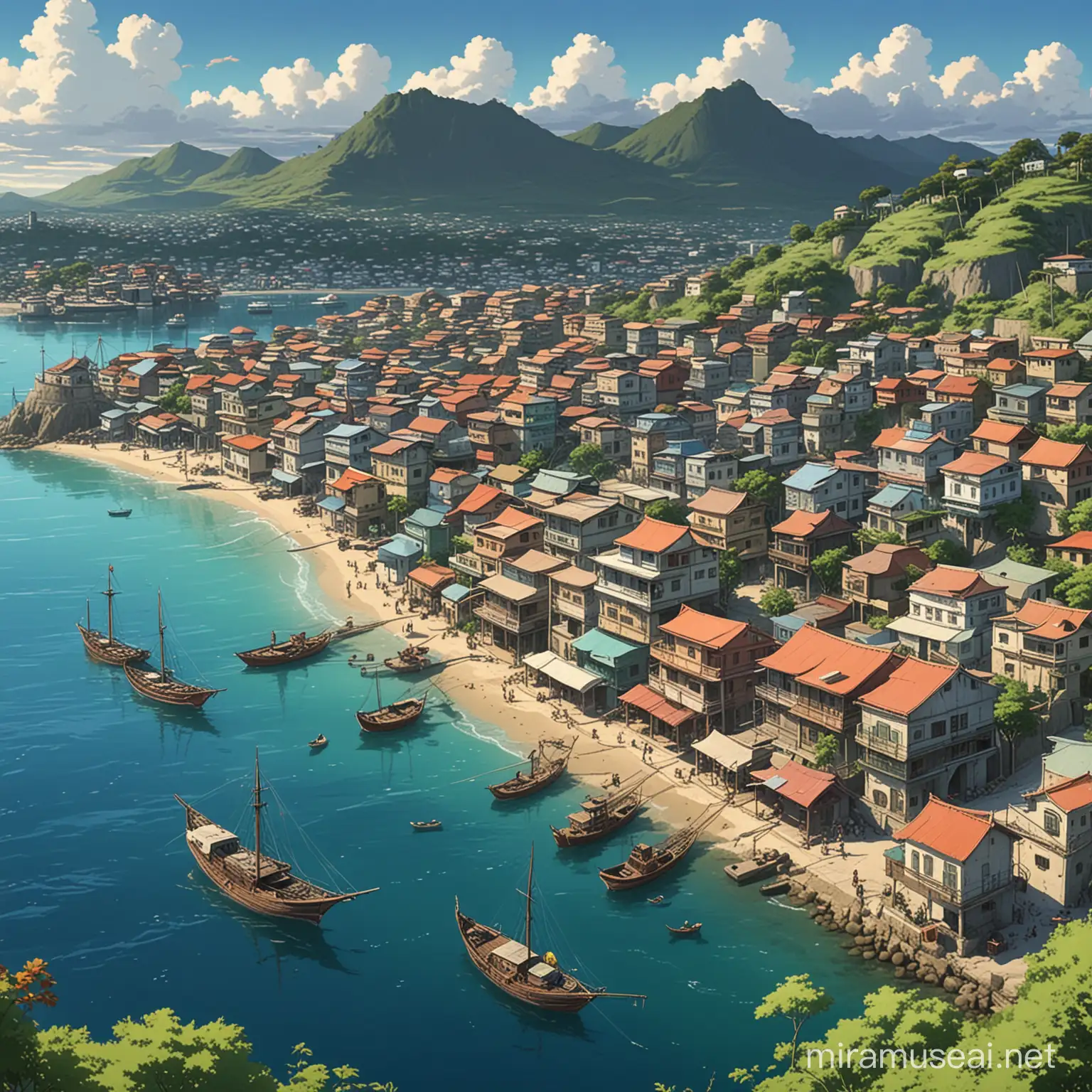 Gambar kota kalabahi kabupaten alor dengan pelabuhannya dalam nuansa studio ghibli anime