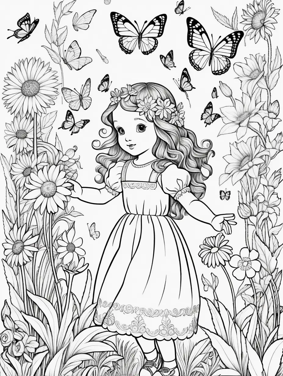  Waldorf doll stumbles upon a whimsical garden full of singing flowers and dancing butterflies, interacting with the enchanted garden's elements, helping the flowers grow or playing with the butterflies. Black and white coloring page for kids with white backgraund 