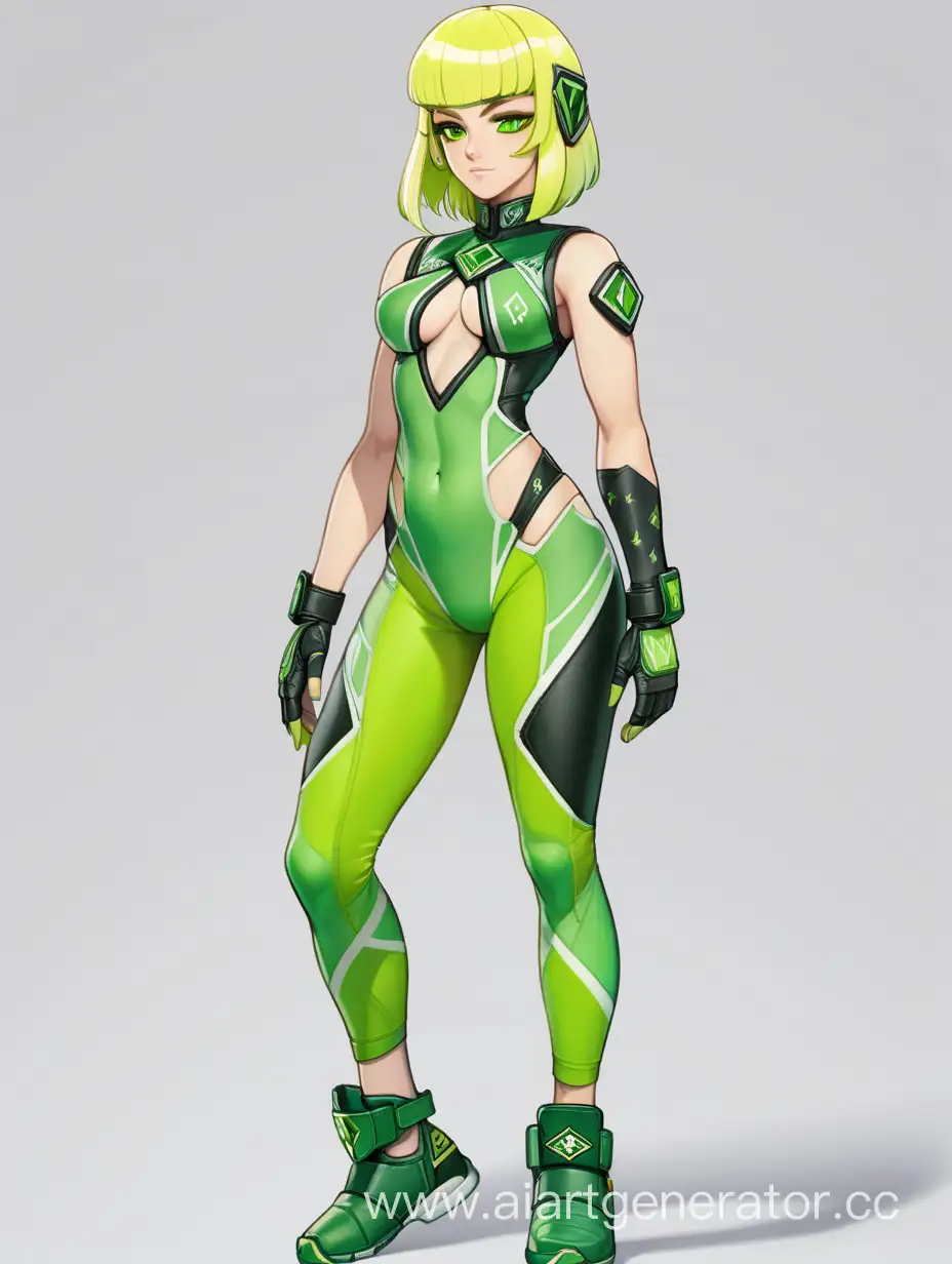A woman with lime-green skin and pale yellow hair styled into a tetrahedron shape. She has green eyes. She also wears  a sleeveless green V-neck uniform. Her suit is mostly medium green, with a dark-green diamond outline around the cut-out of her neck area. Her leggings cover her feet and feature yellow toes and diamond-shaped knee pads. her visor covers the top half of her face. She has a slightly curvy figure, with wide hips, a small waist, and a round chest.