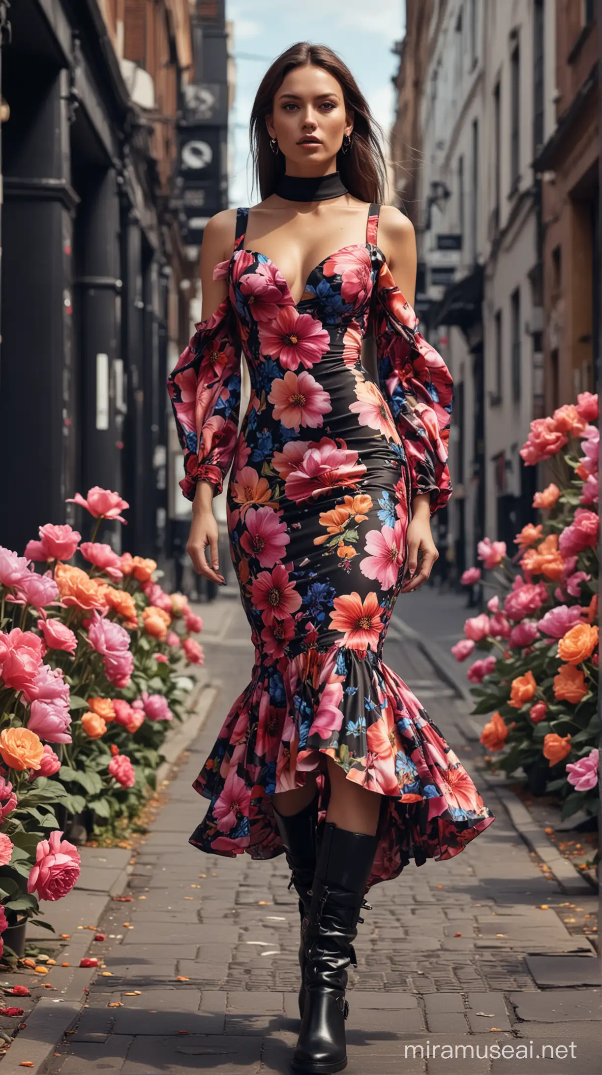 Stunning supermodel, street motion, front angle, wearing large oversized flowers dress ,black punk boots , vibrant colors , glam, hyper-realistic, Alexander McQueen style