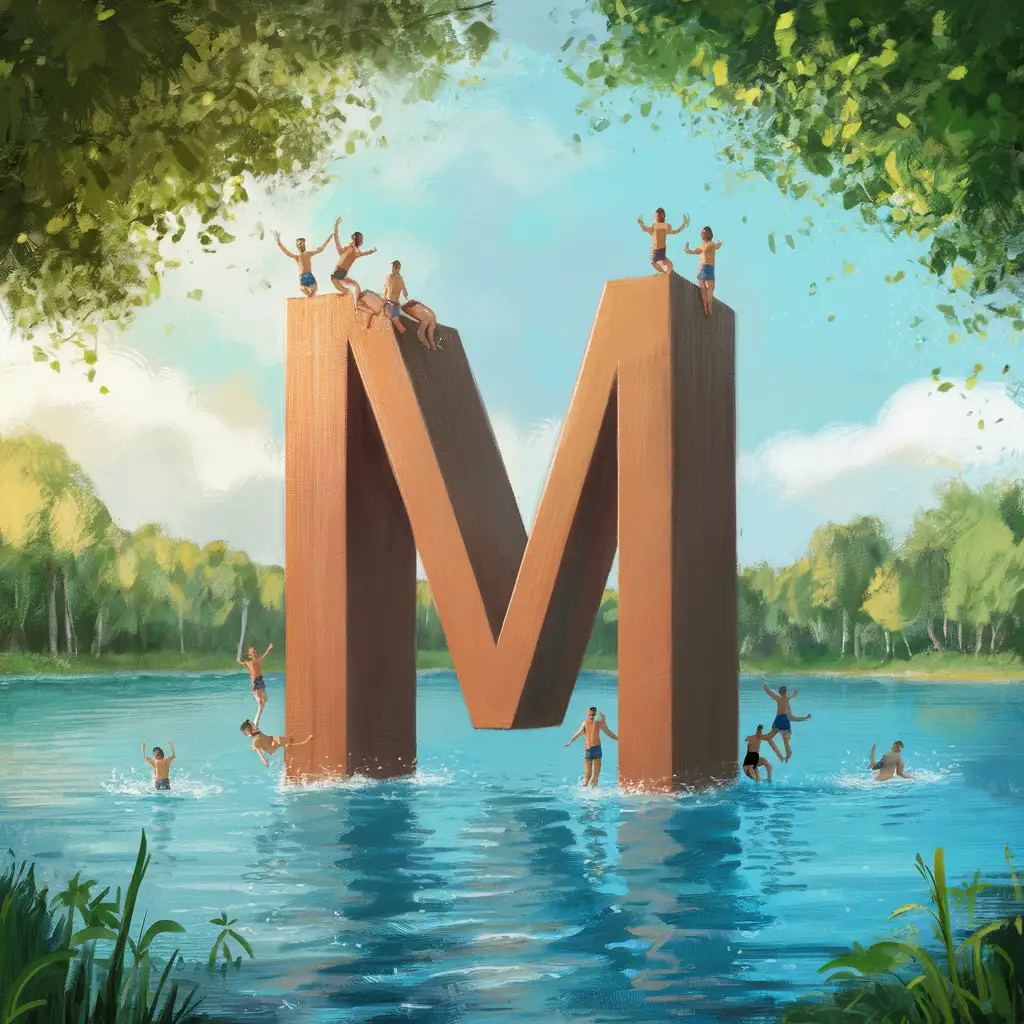 People-Jumping-into-Lake-from-Big-Letter-M-in-2D-Setting