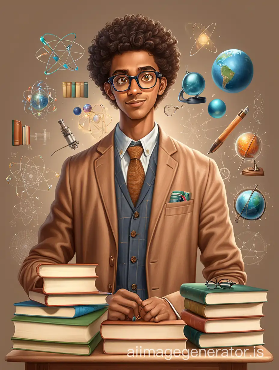 A light brown skin guy with spectacles with physics books and research equipments. With  well dressed hair 

