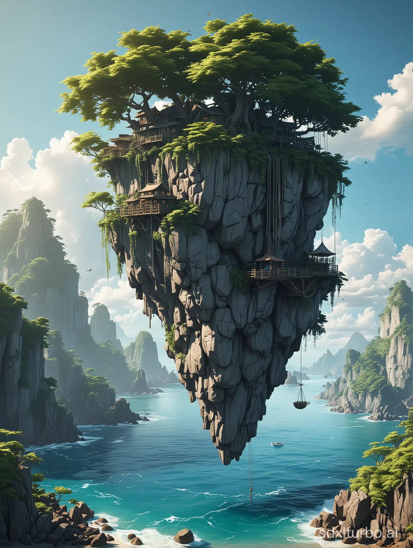 3d anime style of a hanging island