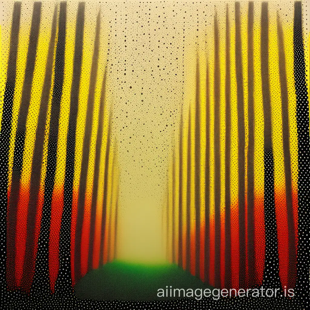 Dot art, the art of creating images from dots, drawing with dots, a foggy morning on the edge of the forest, colors yellow black red green, drawn with dots on paper